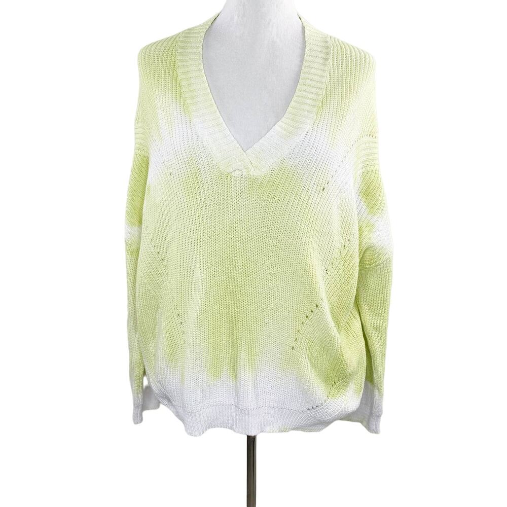 Sen Tie Dye Cotton Oversized Lime Green White V-Neck Sweater Small NWOT Boho
